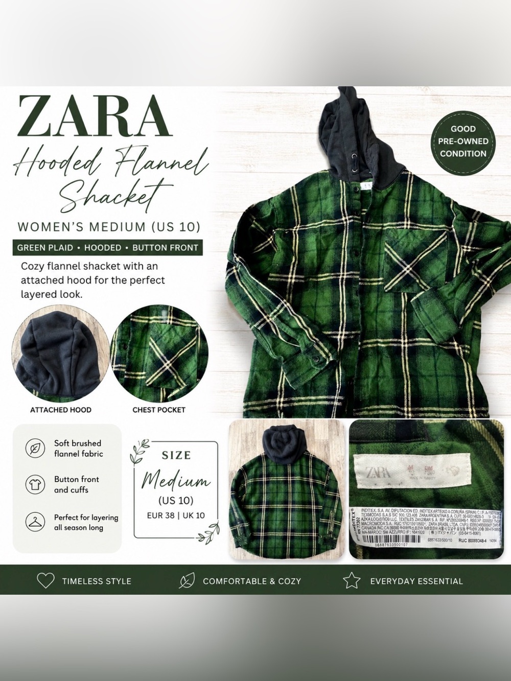 Zara Kids Hooded Plaid Flannel Shacket Green Black Button Front Shirt Sz 10